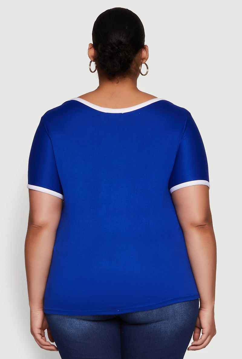 Womens Plus Contrast Trim Short Sleeve Top, 1X