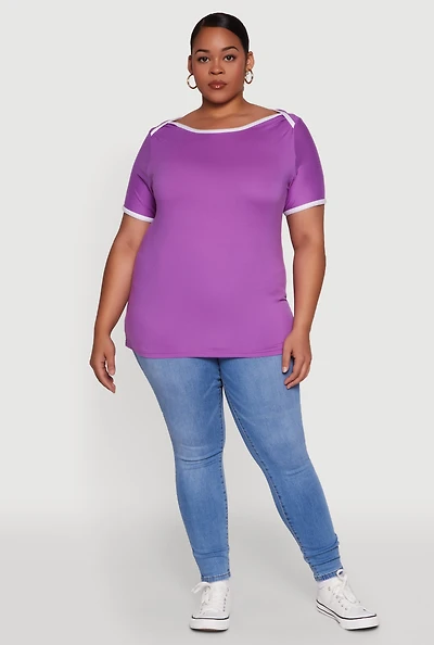 Womens Plus Size Contrast Trim Short Sleeve Top, Purple, Size 1X