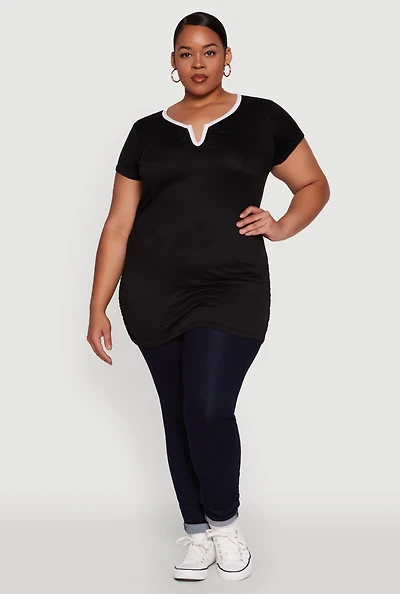 Womens Plus Ruched Contrast Trim Notch Neck Top,