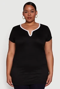Womens Plus Ruched Contrast Trim Notch Neck Top,