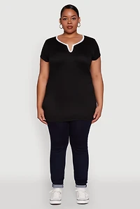 Womens Plus Ruched Contrast Trim Notch Neck Top,