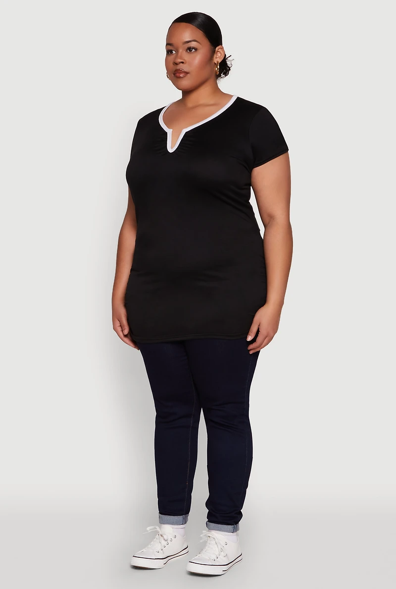 Womens Plus Ruched Contrast Trim Notch Neck Top,