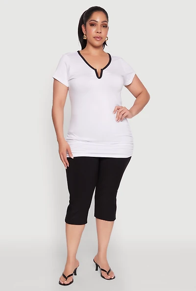 Womens Plus Size Ruched Contrast Trim Notch Neck Top, White, Size 3X