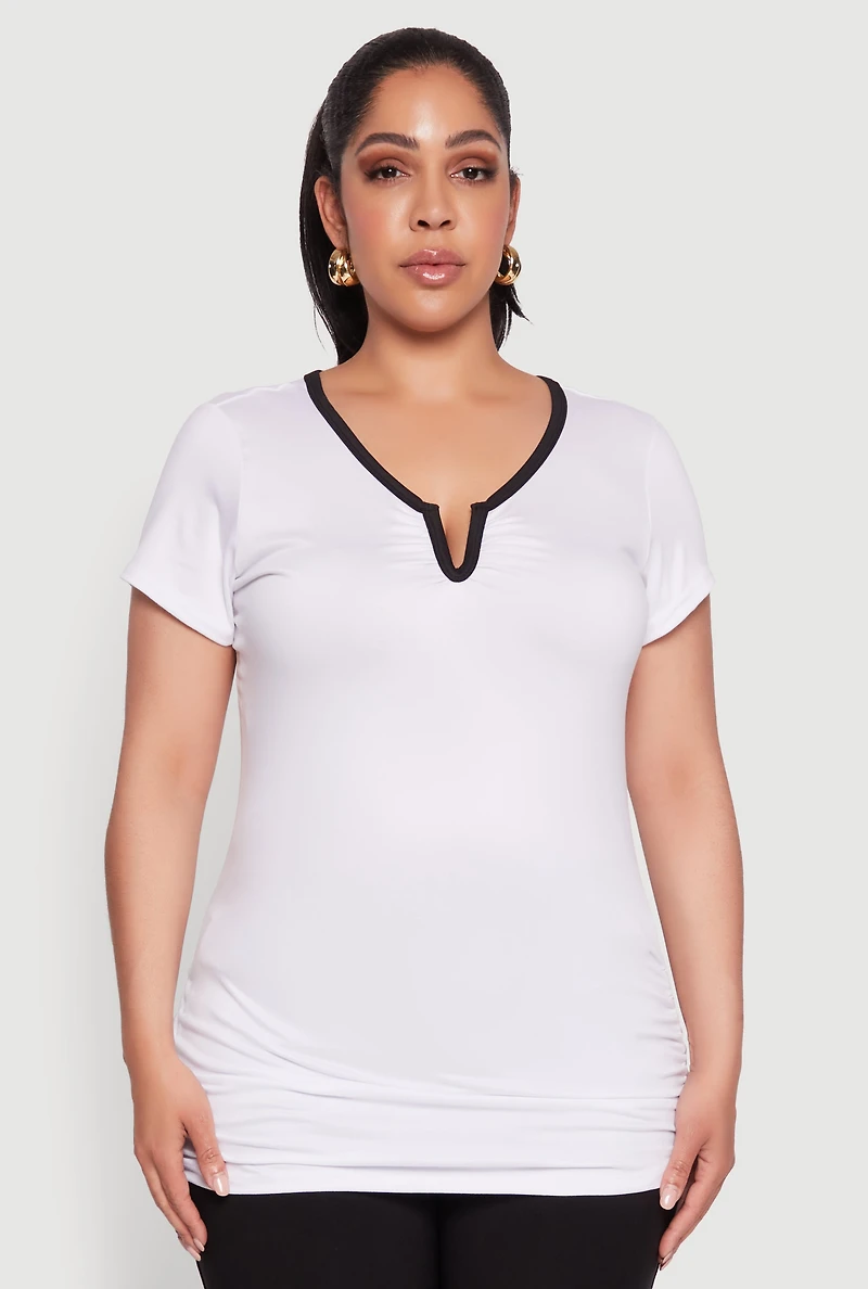 Womens Plus Size Ruched Contrast Trim Notch Neck Top, White, Size 3X