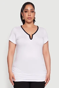 Womens Plus Size Ruched Contrast Trim Notch Neck Top, White, Size 3X