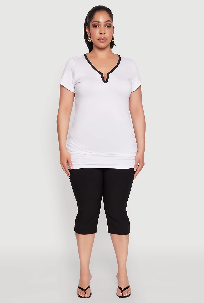 Womens Plus Size Ruched Contrast Trim Notch Neck Top, White, Size 3X