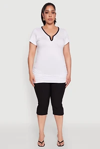 Womens Plus Size Ruched Contrast Trim Notch Neck Top, White, Size 3X