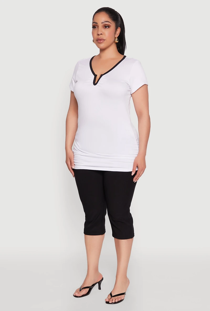 Womens Plus Size Ruched Contrast Trim Notch Neck Top, White, Size 3X