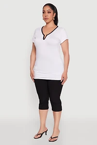 Womens Plus Size Ruched Contrast Trim Notch Neck Top, White, Size 3X