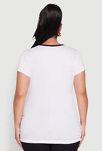 Womens Plus Size Ruched Contrast Trim Notch Neck Top, White, Size 3X