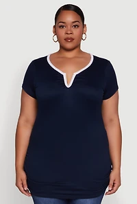 Womens Plus Size Ruched Contrast Trim Notch Neck Top, Black, Size 1X