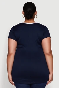 Womens Plus Size Ruched Contrast Trim Notch Neck Top, Black, Size 1X