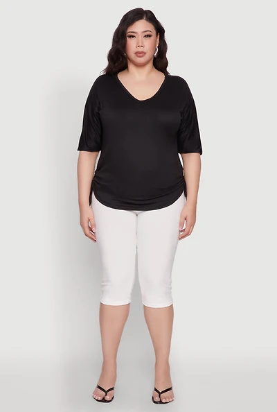 Womens Plus Ruched Side Tie V Neck Top,