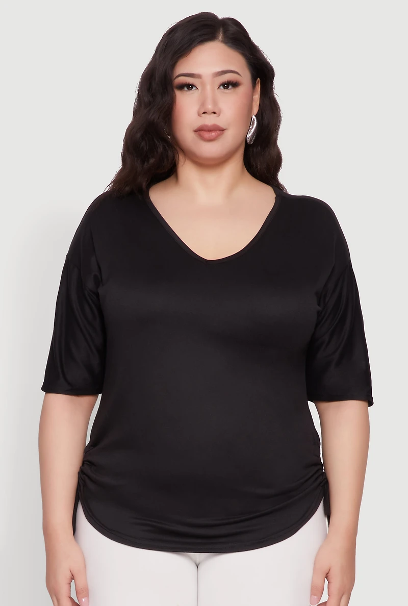 Womens Plus Ruched Side Tie V Neck Top,