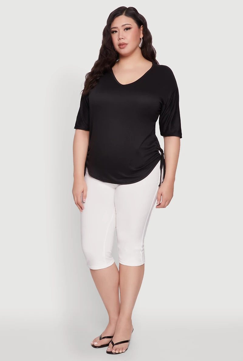 Womens Plus Ruched Side Tie V Neck Top,