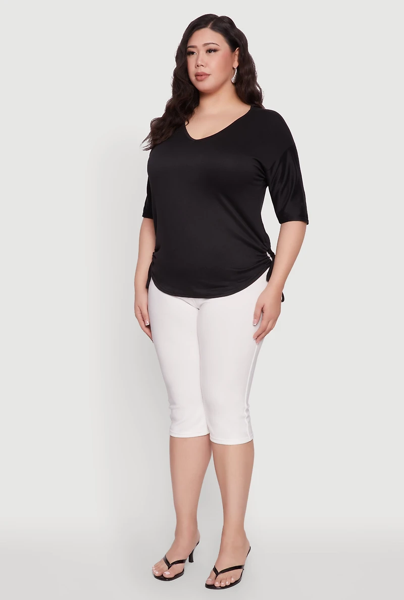 Womens Plus Ruched Side Tie V Neck Top,