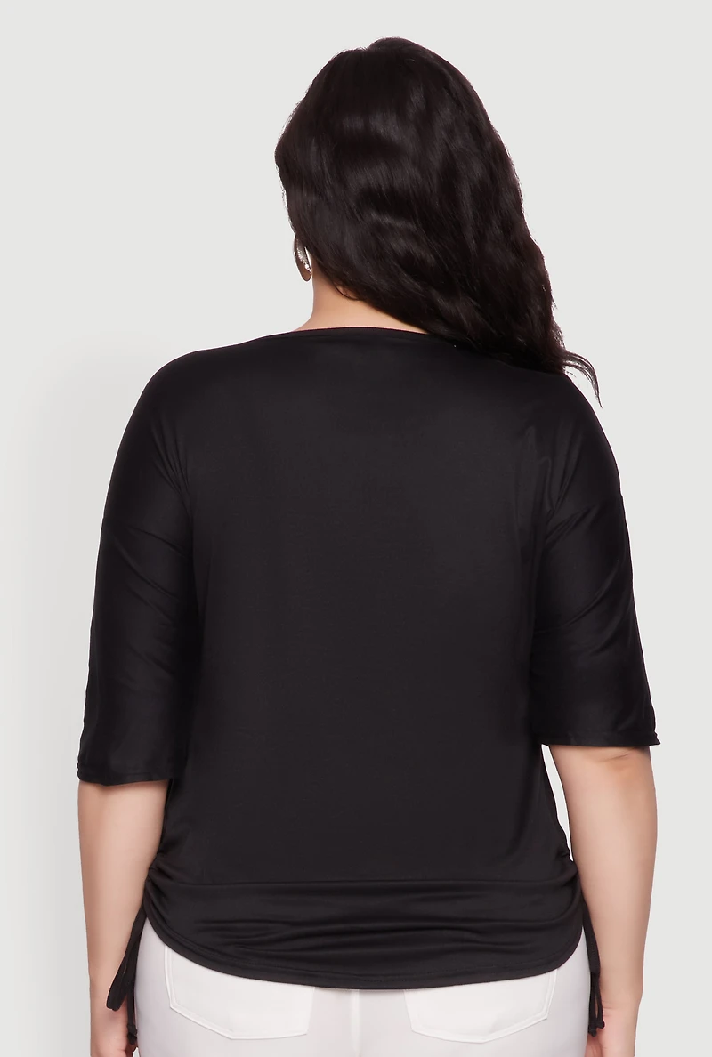 Womens Plus Ruched Side Tie V Neck Top,