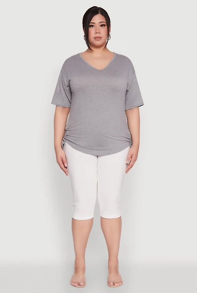 Womens Plus Ruched Side Tie V Neck Top,