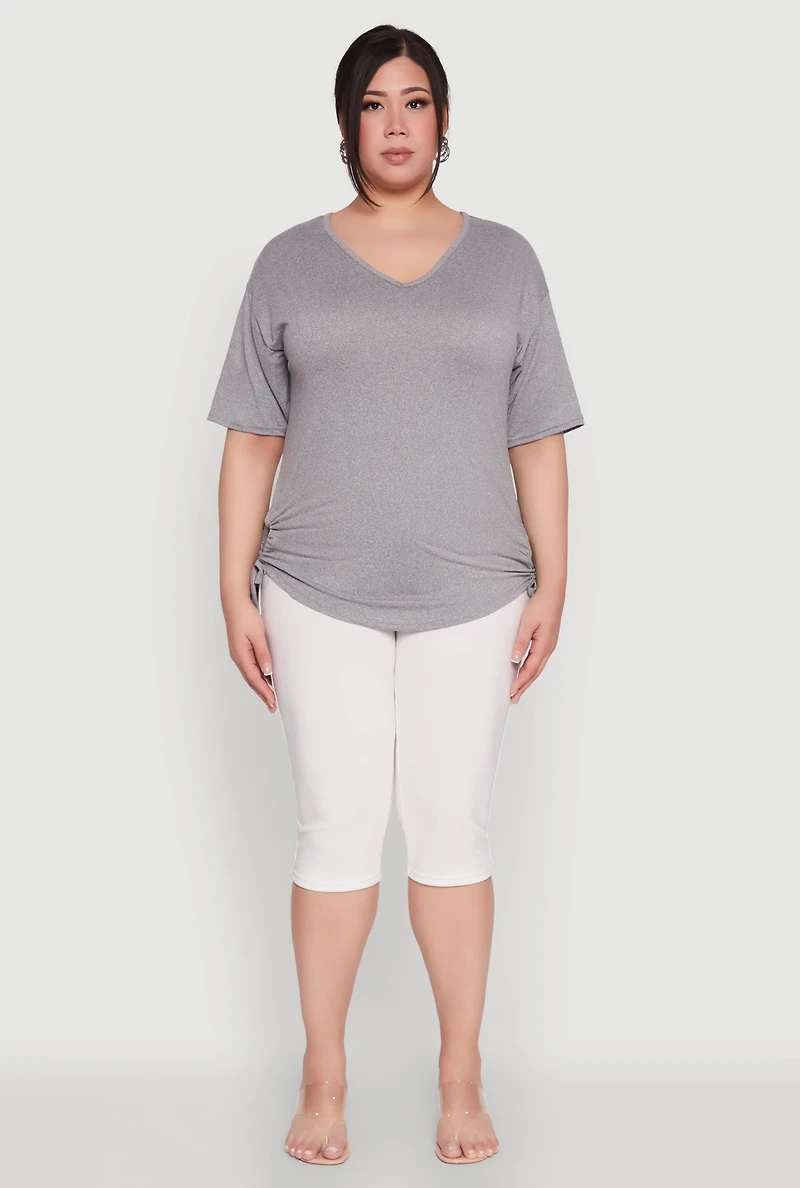 Womens Plus Ruched Side Tie V Neck Top,