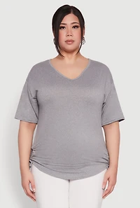 Womens Plus Ruched Side Tie V Neck Top,
