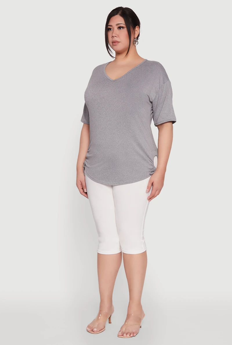 Womens Plus Ruched Side Tie V Neck Top,