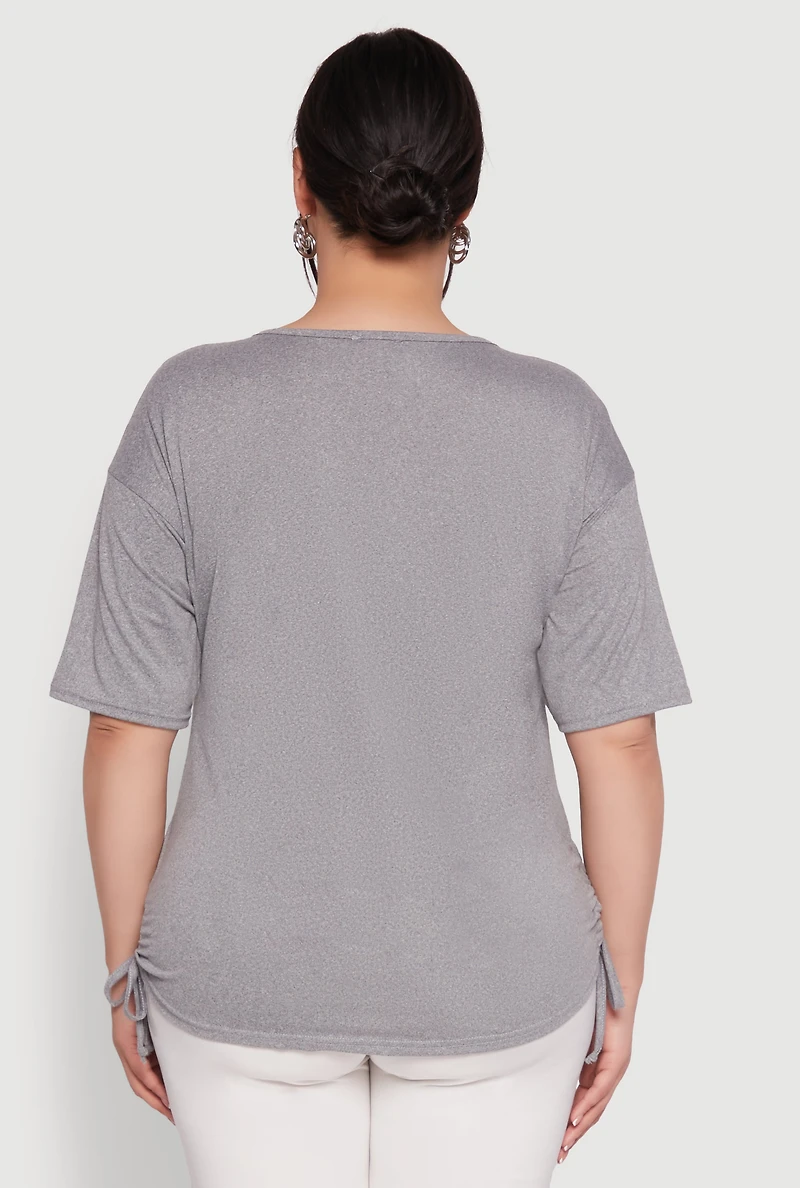 Womens Plus Ruched Side Tie V Neck Top,