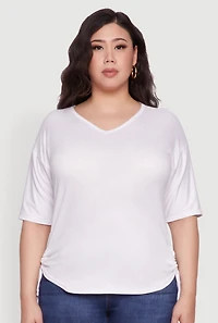 Womens Plus Ruched Side Tie V Neck Top, 2X