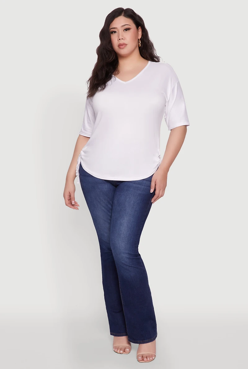 Plus Ruched Side Tie V Neck Top