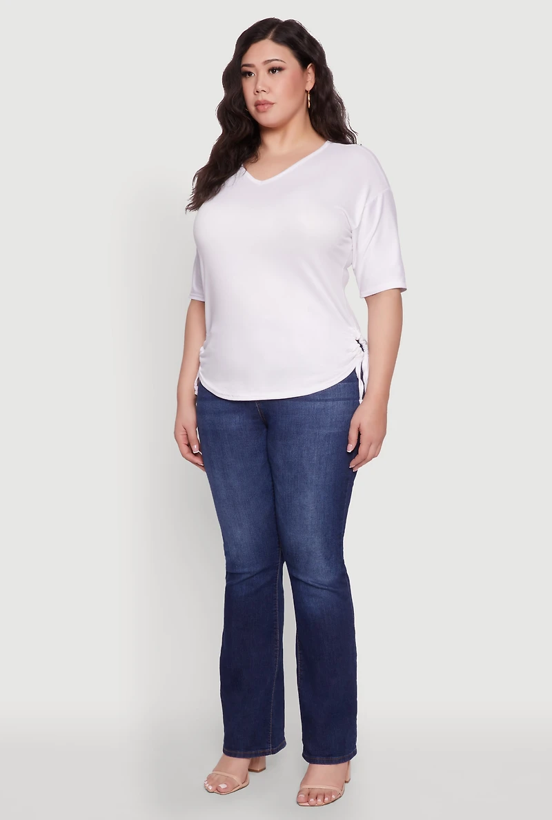 Plus Ruched Side Tie V Neck Top