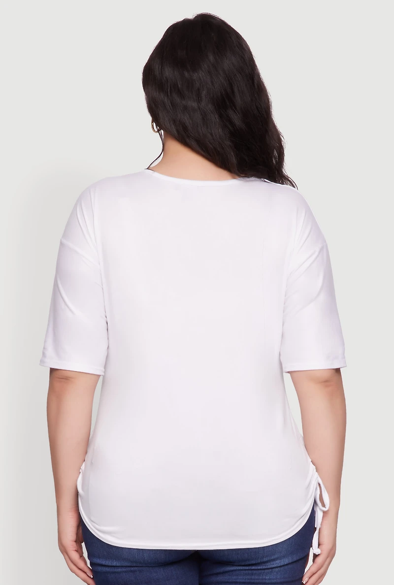 Womens Plus Ruched Side Tie V Neck Top, 2X