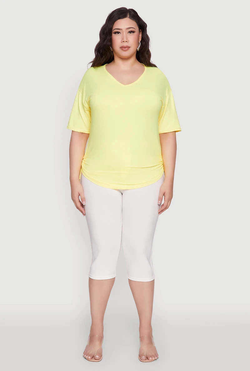 Womens Plus Ruched Side Tie V Neck Top, Yellow,
