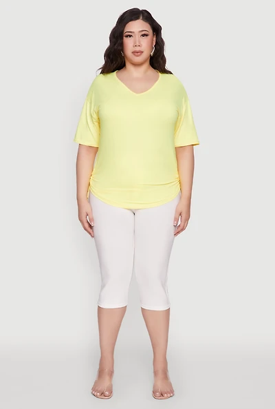 Plus Ruched Side Tie V Neck Top