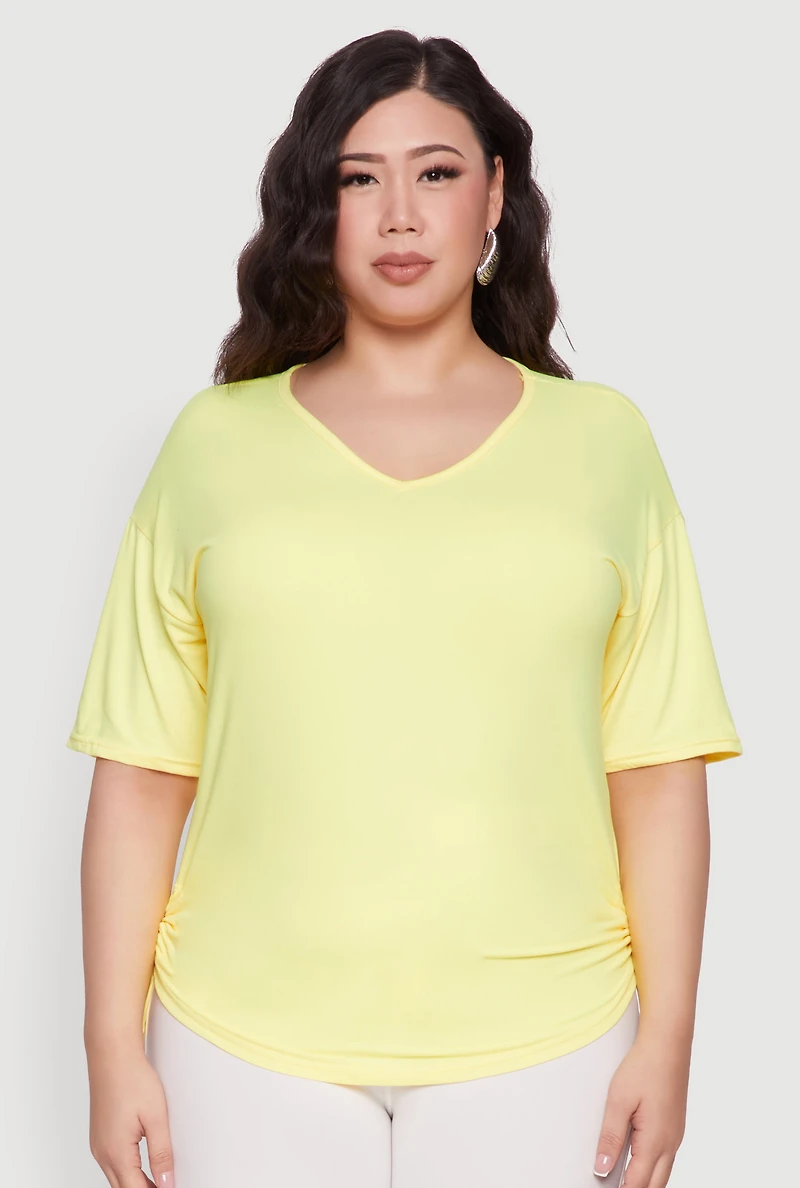 Womens Plus Ruched Side Tie V Neck Top, Yellow,