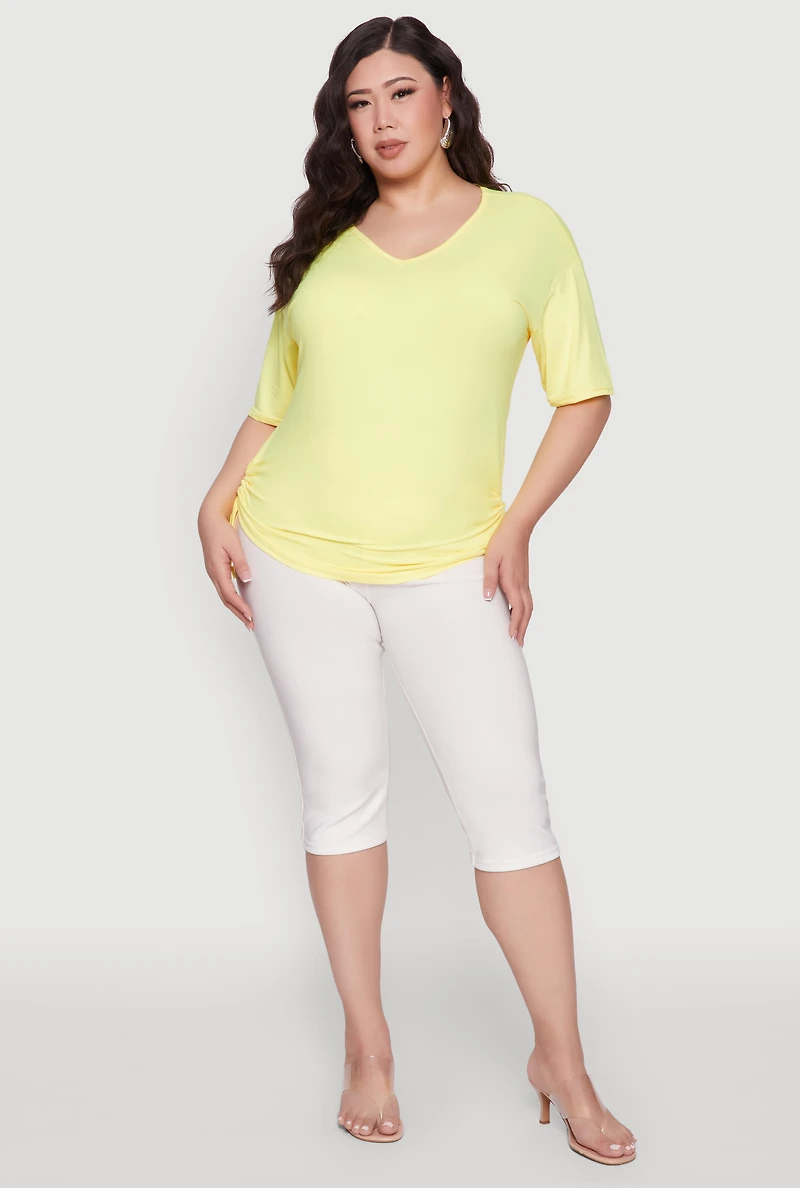 Womens Plus Size Ruched Side Tie V Neck Top, Yellow, Size 4X