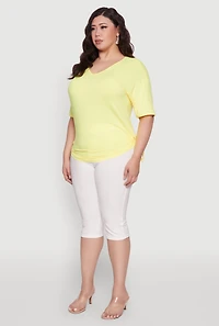 Womens Plus Size Ruched Side Tie V Neck Top, Yellow, Size 4X