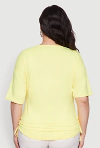 Womens Plus Size Ruched Side Tie V Neck Top, Yellow, Size 4X