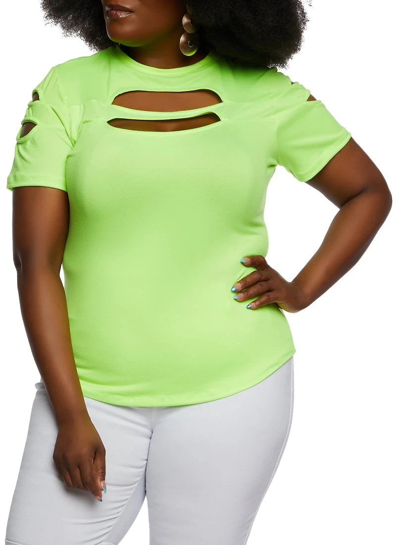 Womens Plus Size Cut Out Crew Neck T Shirt, Green, Size 1X