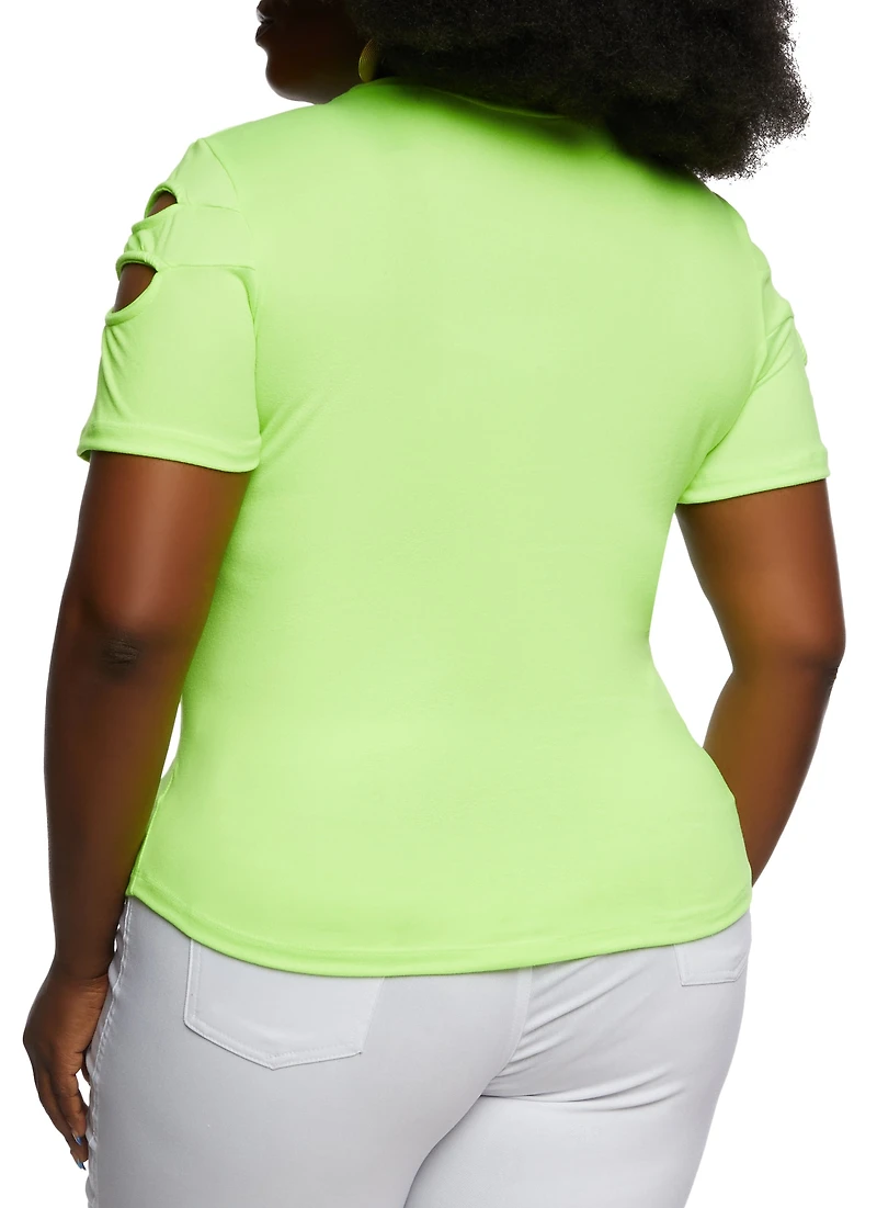 Womens Plus Size Cut Out Crew Neck T Shirt, Green, Size 1X
