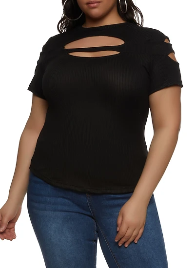 Plus Ribbed Knit Cut Out Top