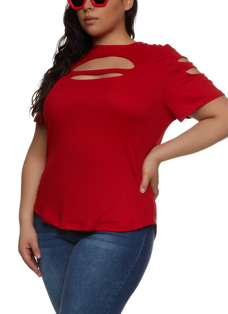Plus Ribbed Knit Cut Out Top