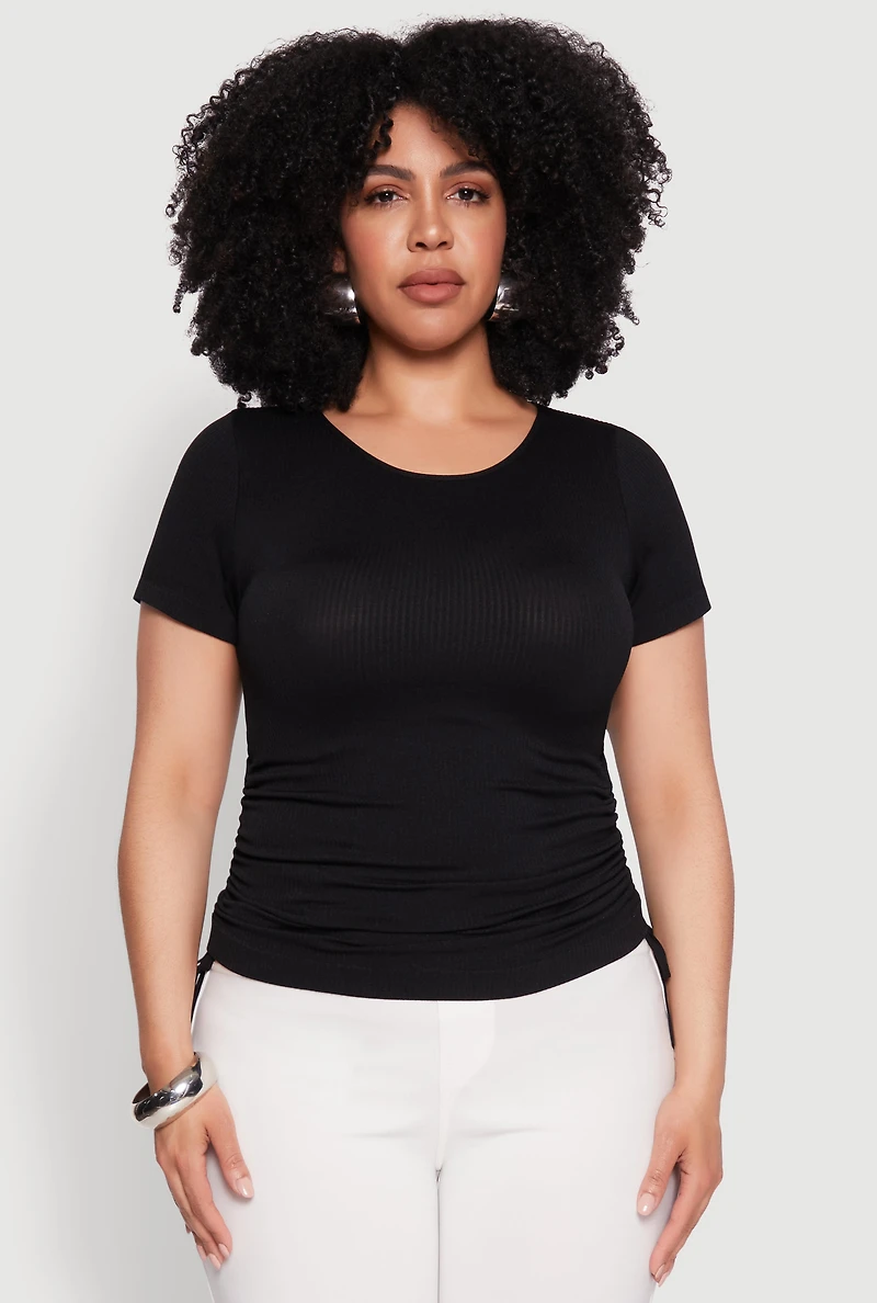 Womens Plus Size Seamless Rib Knit Tee, Black, Size 1X-2X