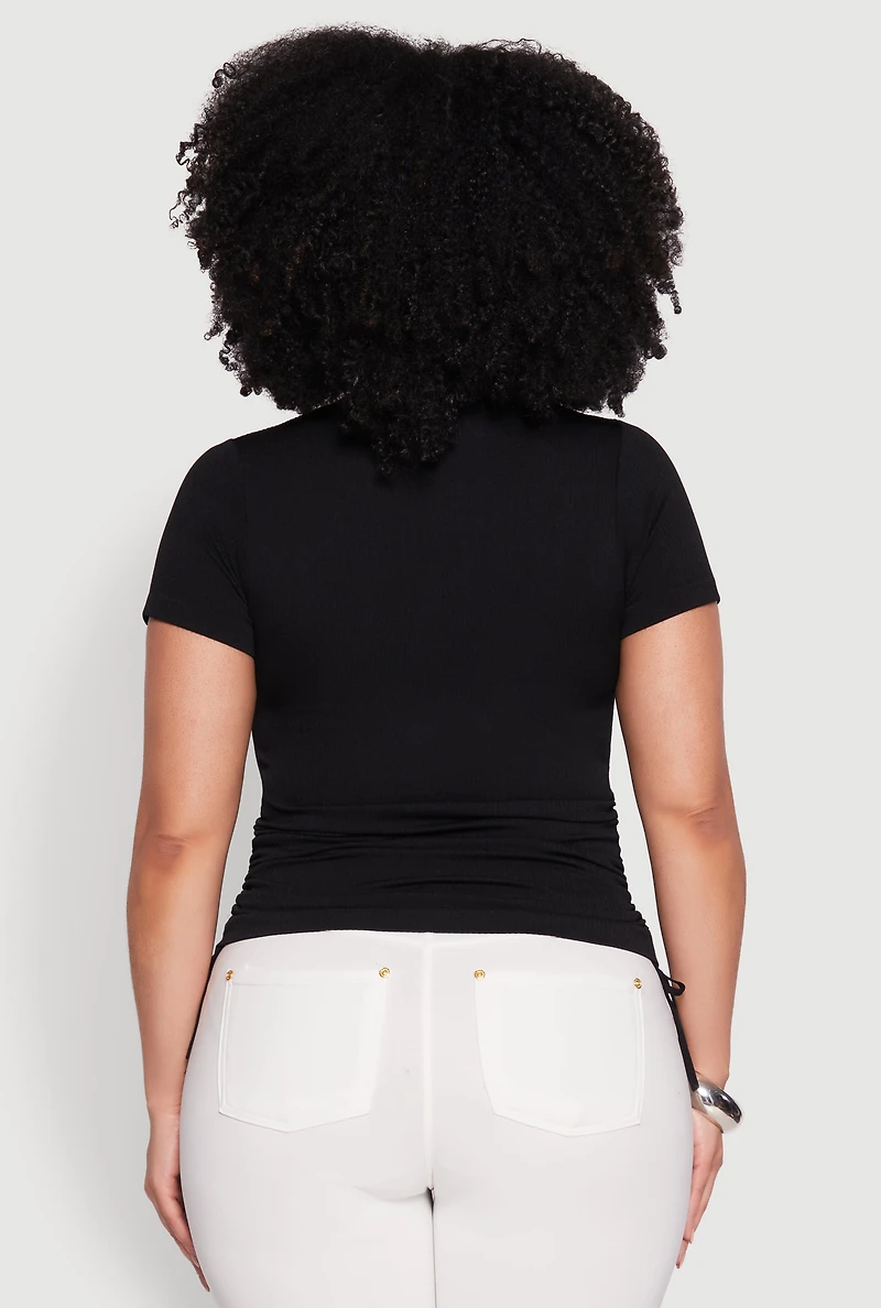 Womens Plus Size Seamless Rib Knit Tee, Black, Size 1X-2X