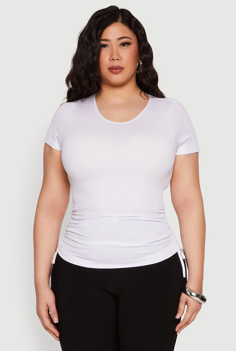 Womens Plus Seamless Rib Knit Tee, White,