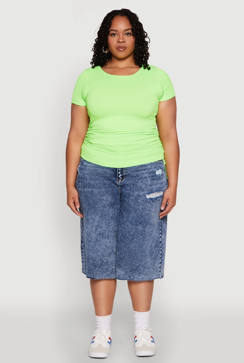 Womens Plus Size Seamless Rib Knit Tee, Green, Size 3X-4X