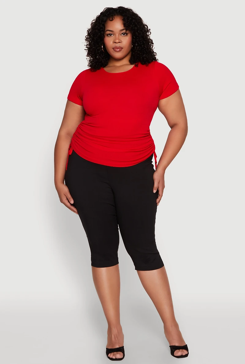 Womens Plus Size Seamless Drawstring Side Tee, Red, Size 3X-4X