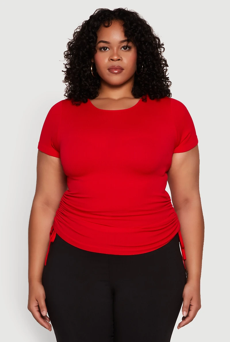 Womens Plus Size Seamless Drawstring Side Tee, Red, Size 3X-4X