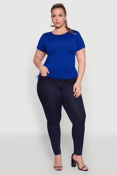 Womens Plus Size Seamless Drawstring Side Tee, Blue, Size 1X-2X