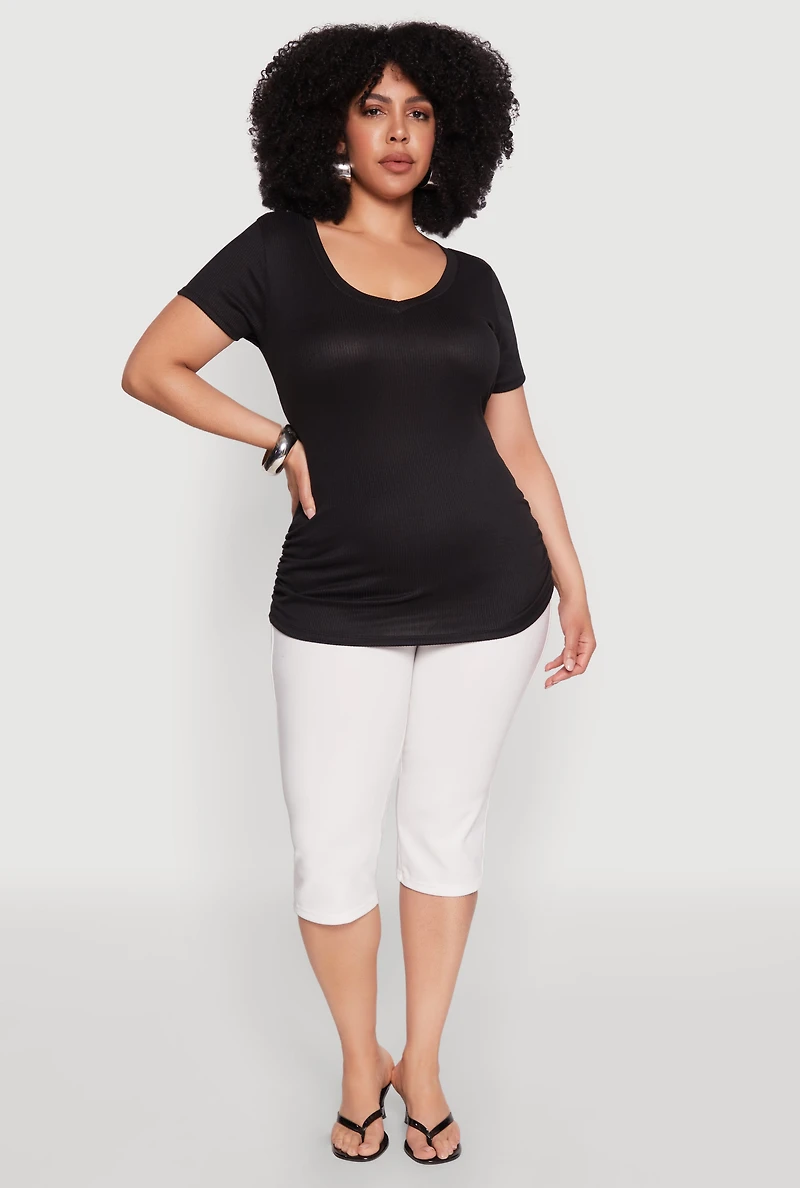 Plus Ribbed Knit Ruched Tee