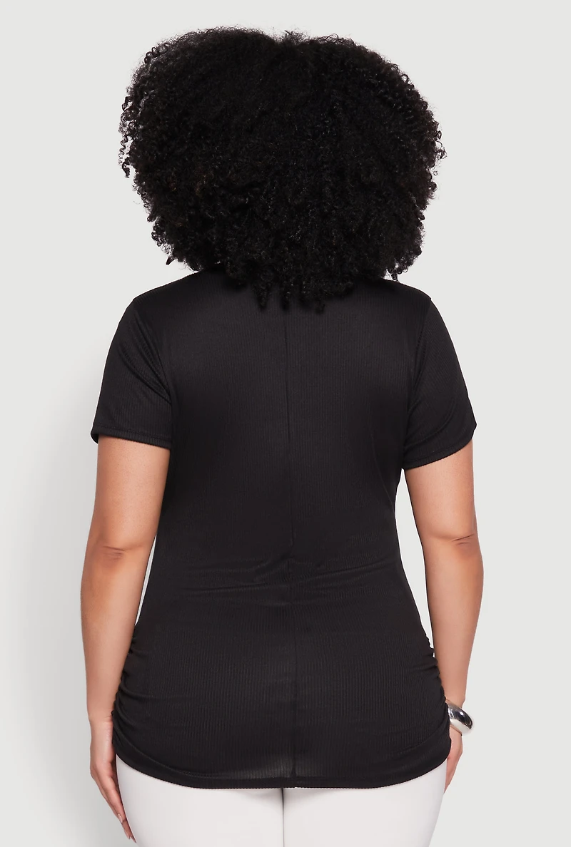 Womens Plus Ribbed Knit Ruched Tee,