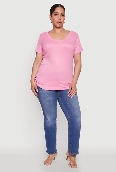 Womens Plus Size Ribbed Knit Ruched Tee, Pink, Size 3X